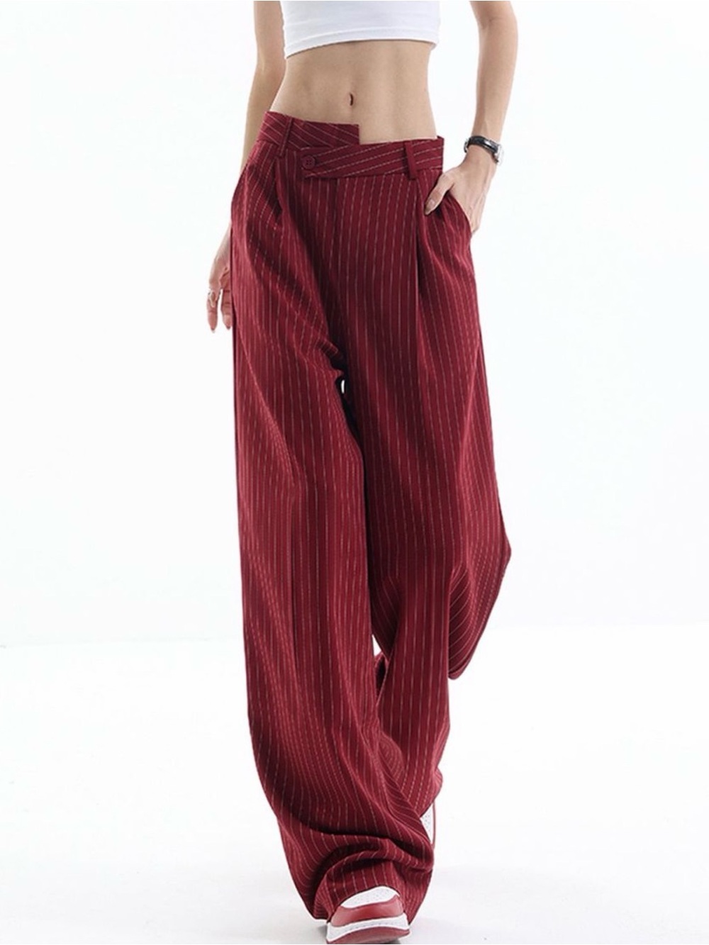 Commense Burgundy Asymmetrical Pinstripe High Waist Pants